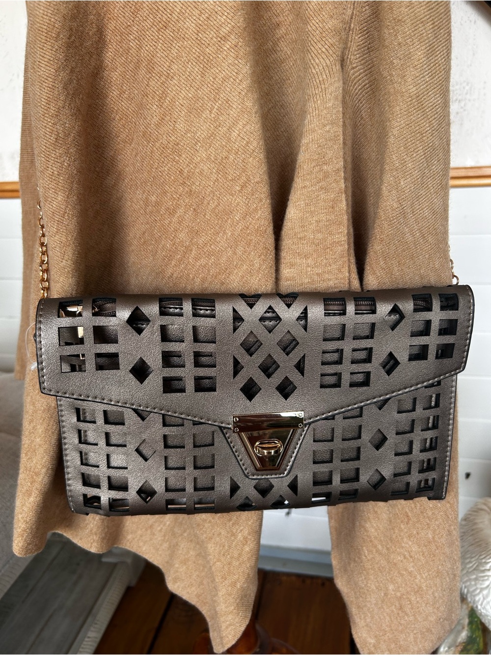 Laser Cut Metallic Bronze/Taupe Envelope Crossbody Clutch Bag with Gold Chain